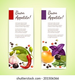 Herbs and spices pepper bay leaf onion banners with Enjoy your meal title vertical isolated vector illustration
