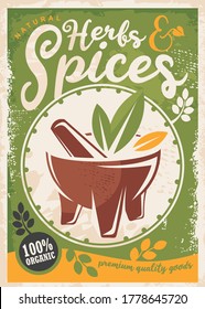 Herbs and spices poster design with green background. Retro vector sign with natural ingredients flyer concept with organic plants and leafs.