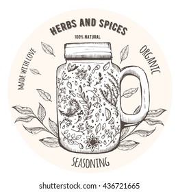 Herbs and spices restaurant and kitchen menu design template .Herbs and spices in a glass jar with vintage style background and labels.