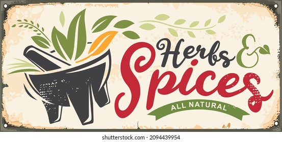 Herbs and spices retro store sign with various aromatic plants. Vintage poster with mortar and pestle graphic. 