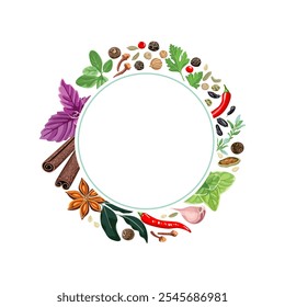 Herbs and spices round frame with copy space for text. Vector cartoon illustration. Healthy food banner design.