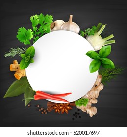 Herbs and spices round frame.Vector illustration