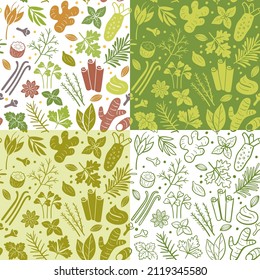 Herbs and spices seamless pattern collection. Food ingredients for cooking illustration. Colorful, monochrome silhouettes and doodle style. Vector illustration.