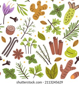 Herbs and spices seamless pattern. Food ingredients for cooking illustration. Isolated colorful hand-drawn condiments on white background. Vector illustration.