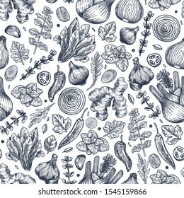 Herbs And Spices Seamless Pattern. Ginger, Spinach, Onion, Pepper, Garlic, Fennel, Basil, Oregano. Vector Illustration