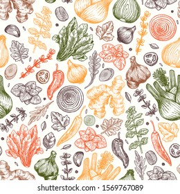 Herbs and spices seamless pattern. Ginger, spinach, onion, pepper, garlic, fennel. Packaging background. Vector illustration