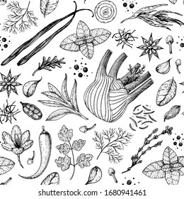 Herbs and spices seamless pattern. Hand drawn vector illustration. Sketch design. Engraved spice. Fennel, sage, vanilla, onion, garlic, anise, parsley, saffron, cardamom, chili pepper. 