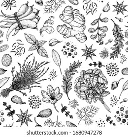 Herbs and spices seamless pattern. Hand drawn vector illustration. Sketch design. Engraved spice. Basil, garlic, cardamom, sage, rosemary, anise, pepper, marjoram, mint, thyme, ginger. 