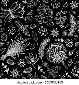 Herbs and spices seamless pattern. Hand drawn vector illustration. Sketch design. Engraved spice. Basil, garlic, cardamom, sage, rosemary, anise, pepper, marjoram, mint, thyme, ginger.