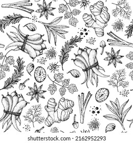 Herbs and spices seamless pattern. Hand drawn vector illustration. Sketch design. Engraved spice. Lemongrass, anise, chilli pepper, sage, garlic, ginger