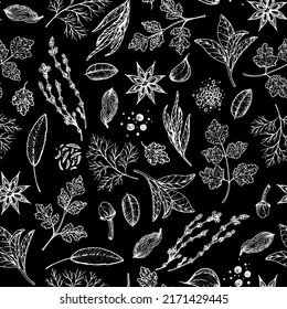 Herbs and spices seamless pattern. Hand drawn vector illustration. Aromatic plants. Hand drawn food sketch. Vintage illustration. Sketch style. Spice and herbs black and white design.