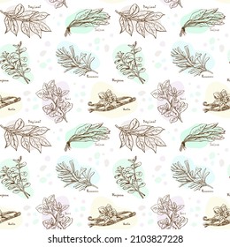 Herbs and spices seamless pattern, hand-drawn in ink lines in doodles sketch style, with abstract pastel color spots. Rosemary, marjoram, vanilla, bay leaf. Vector for kitchen fabrics, menu, covers.