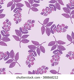 Herbs, spices and seasonings collection. Vector hand drawn seamless pattern with violet basil