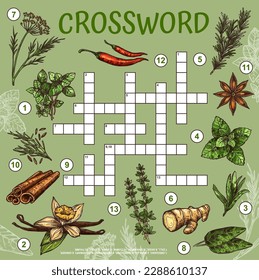 Herbs, spices and seasonings crossword grid worksheet. Find a word quiz, vector maze oregano, vanilla, tarragon, peppermint and rosemary. Ginger, dill, sage, cinnamon or anis, cumin and chili, thume