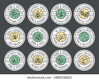 Herbs spices and seasonings round hand drawn pack sticker design template set vector flat illustration. Organic natural herbal condiments for food cooking meal preparing circle handwriting label