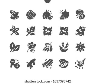 Herbs and spices selection. Aromatic ingredients and natural food additives. Ingredient for healthy food. Menu for restaurant and cafe. Vector Solid Icons. Simple Pictogram