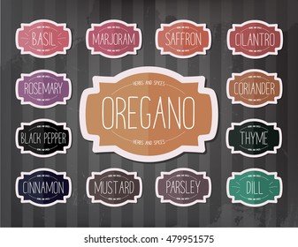 Herbs and spices set. Food labels collection. - Vector Illustration