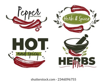 Herbs and spices shop or store logotype or label for product package. Isolated hot and spice pepper, fresh and natural meal condiments. Dishes and food flavors. Vector in flat style illustration