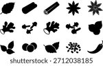 Herbs and Spices Silhouette Vector Collection: Cinnamon, Star Anise, Ginger, Cloves, Peppermint, Chili, and Nutmeg Elements