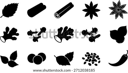 Herbs and Spices Silhouette Vector Collection: Cinnamon, Star Anise, Ginger, Cloves, Peppermint, Chili, and Nutmeg Elements