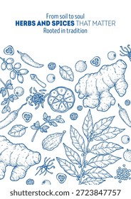 Herbs and spices sketch. Vector drawing illustration of herbs and spices Hand-drawn elements, Ideal for packaging, branding, and culinary projects.