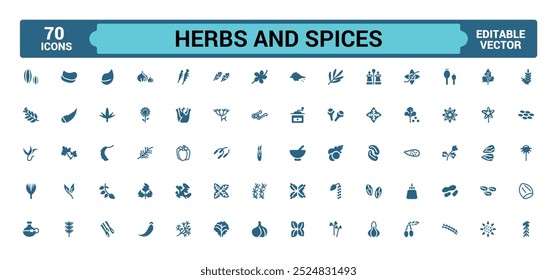 Herbs and spices solid icons set. Bundle of oregano, vanilla, rosemary, pepper and other. Vector pack filled symbols for website or mobile app design.