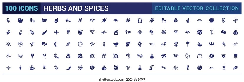 Herbs and spices solid icons set. Bundle of oregano, vanilla, rosemary, pepper and other. Vector pack filled symbols for website or mobile app design.