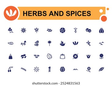 Herbs and spices solid icons set. Bundle of oregano, vanilla, rosemary, pepper and other. Vector pack filled symbols for website or mobile app design.