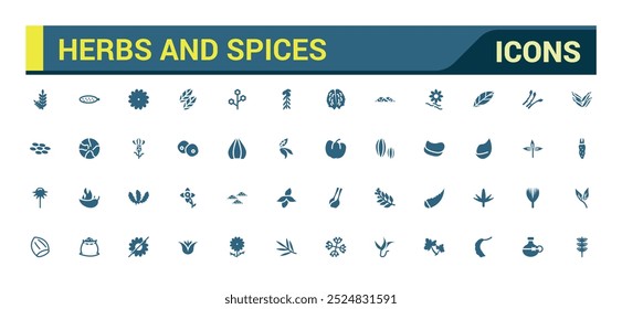 Herbs and spices solid icons set. Bundle of oregano, vanilla, rosemary, pepper and other. Vector pack filled symbols for website or mobile app design.