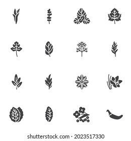 Herbs and spices vector icons set, modern solid symbol collection, filled style pictogram pack. Signs, logo illustration. Set includes icons as cinnamon stick, thyme herb, basil leaf, chilli pepper