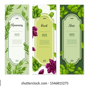 Herbs spices vertical banners. Realistic style, isolated objects, popular culinary plants, natural health care, mint, basil, rosemary, freshness and essential. Vector illustration