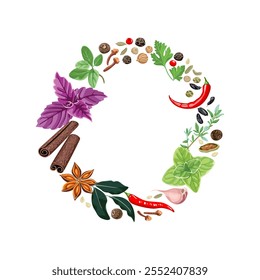 Herbs and spices wreath. Round frame with empty space for text. Vector cartoon illustration. 