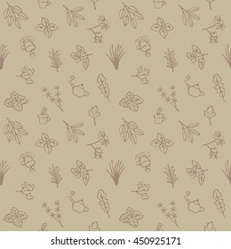 Herbs, tea cups and pots seamless pattern