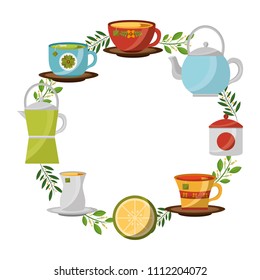 herbs tea set icons around isolated icon