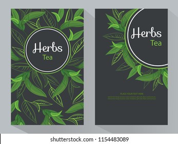 Herbs Tea vertical banners, round tea leaves frame, vector illustration, line art decorative Tea for design cosmetic, natural medicine, herbal tea, food menu. 