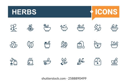 Herbs vector icon set. It contains symbols to barberry, ginger, organic, thin, utensil and more. Outline icon. Vector outline and solid icons collection.