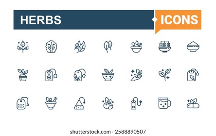 Herbs vector icon set. It contains symbols to barberry, ginger, organic, thin, utensil and more. Outline icon. Vector outline and solid icons collection.