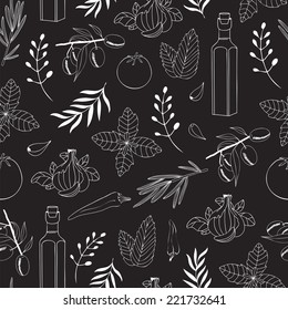 Herbs and vegetables chalkboard seamless background pattern on black with white line drawings. Used for kitchen, cafe stuff, wallpaper, pattern fills, web page background, surface textures.