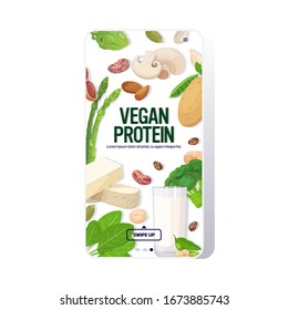 herbs vegetables plant based tofu milk organic dairy free natural raw food composition vegan protein concept smartphone screen mobile app vertical copy space vector illustration