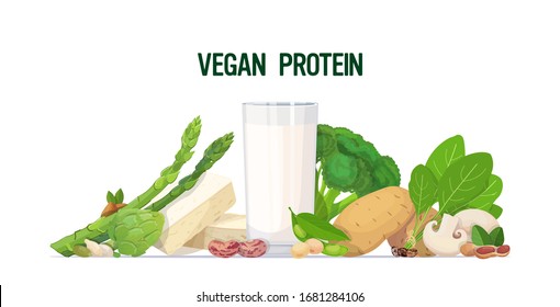 herbs vegetables plant based tofu milk organic dairy free natural raw food composition vegan protein concept horizontal vector illustration