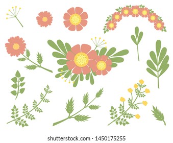 Herbs and wild flowers. Vector floral set illustration on isolated white background. Collection with leaves and flowers for invitation, wedding or greeting cards