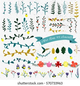 Herbs and Wild Flowers. Vector floral big set. Colorful flower collection with leaves. Spring or summer design for invitation, wedding or greeting cards. Vintage flowers isolated on white.