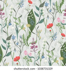 Herbs and Wild Flowers vector seamless pattern of botany texture bdckground illustrations vintage flowes images