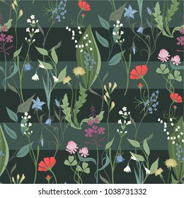 Herbs and Wild Flowers vector seamless pattern of botany texture bdckground illustrations vintage flowes images