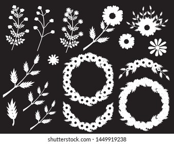 Herbs and wild flowers. Vector  white floral set illustration on isolated black background. Collection with leaves and flowers for invitation, wedding or greeting cards