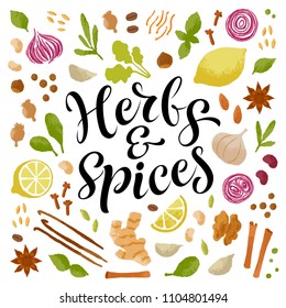 Herbs&spices vector lettering, hand drawn fruits and vegetables. Products elements, calligraphic food logo. Set for farm, market, cafe design, menu and recipes. Healthy organic fresh illustrations