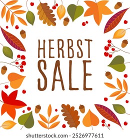 Herbst Sale - texto em língua alemã - Herbstschlussverkauf. Cartaz quadrado com uma moldura de folhas de outono coloridas, bolotas e bagas.