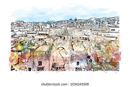 Herculaneum Town Located in the shadow of Mount Vesuvius, Herculaneum was an ancient Roman town destroyed by volcanic pyroclastic flows in 79 AD. Watercolor splash with hand drawn sketch in vector.