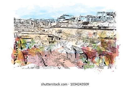 Herculaneum Town Located in the shadow of Mount Vesuvius, Herculaneum was an ancient Roman town destroyed by volcanic pyroclastic flows in 79 AD. Watercolor splash with hand drawn sketch in vector.