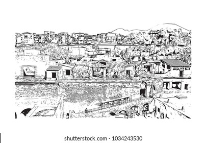 Herculaneum Town Located in the shadow of Mount Vesuvius, Herculaneum was an ancient Roman town destroyed by volcanic pyroclastic flows in 79 AD. Hand drawn sketch illustration in vector.